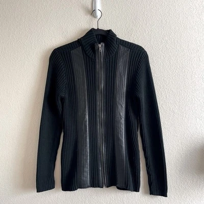 Y2K INC 黑色罗纹全拉链毛衣皮革细节女式 M 码 — 第 1/4 张图片