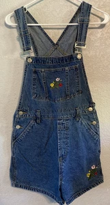 Vintage Y2K Denim Bib Overall Shorts Embroidered Floral Junior Size 7 / 9 - Picture 1 of 5