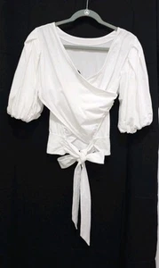 Womens Express COTTON Jersey Knit Wrap Crop Top Shirt Large WHITE Puff Sleeve - Picture 1 of 12