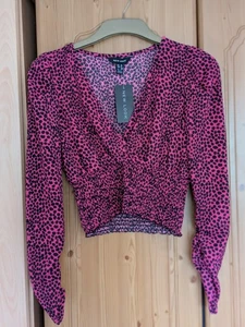 New Look Pink Animal Print Cropped Long Sleeve Stretch Blouse Size 10 - Picture 1 of 4