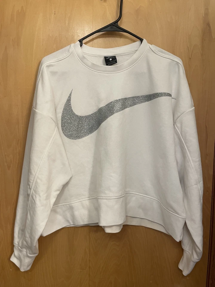 Sudadera para mujer Nike blanca recortada Dri Fit talla grande logotipo brillante talla L Foto 1 de 4