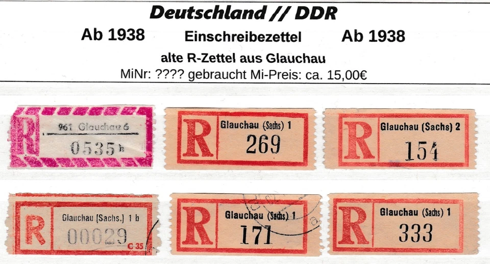 alte Einschreibezettel aus Glauchau Verschiedene Postämter - Bild 1 von 1
