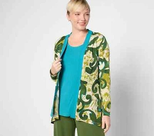 Susan Graver Liquid Knit Cardigan & Solid Tank Set-Olive/Jade-Petite XL A630813 - Picture 1 of 1