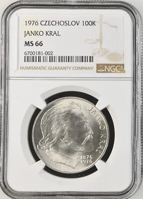 1976 CZECHOSLOVAKIA Silver 100 Korun Janko Kral  - NGC MS 66 - Image 1 of 2