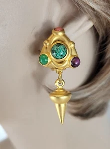 Vintage Natasha Stambouli Gold Plated Multi Color Glass Cabochon Dangle Earrings - Picture 1 of 11