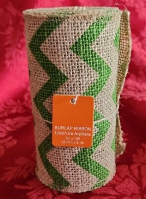 BURLAP Ribbon Roll Bright Green Zig Zag Chevron Pattern 100% JUTE 5in x 10ft NEW - Image 1 of 4