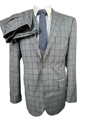 Mens Gray GLEN PLAID Wool REG FIT Check 3pc VEST Suit 40L Jacket 34x28 Pant - Image 1 of 4