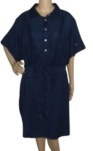 St. Johns Bay Shirtdress Womens 3X Navy Blue Button Belt Collared Short Sleeves - Picture 1 of 17