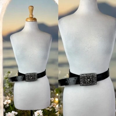 Black Faux Leather Waist Belt Boho Western Fairy Flower Buckle Medallion Y2K M - Image 1 of 4
