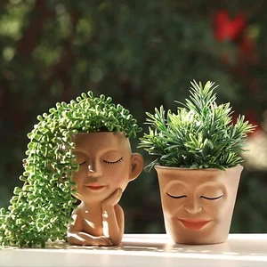 Set of 2 Face Planter Pot Cute Head Planters w/ Drainage Hole Indoor Outdoor - Picture 1 of 6