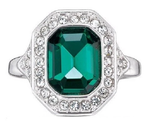 Emerald Green Simulated Silvertone Avon Ring with CZ Accents Size 6 NIB Gorgeous - Image 1 of 1