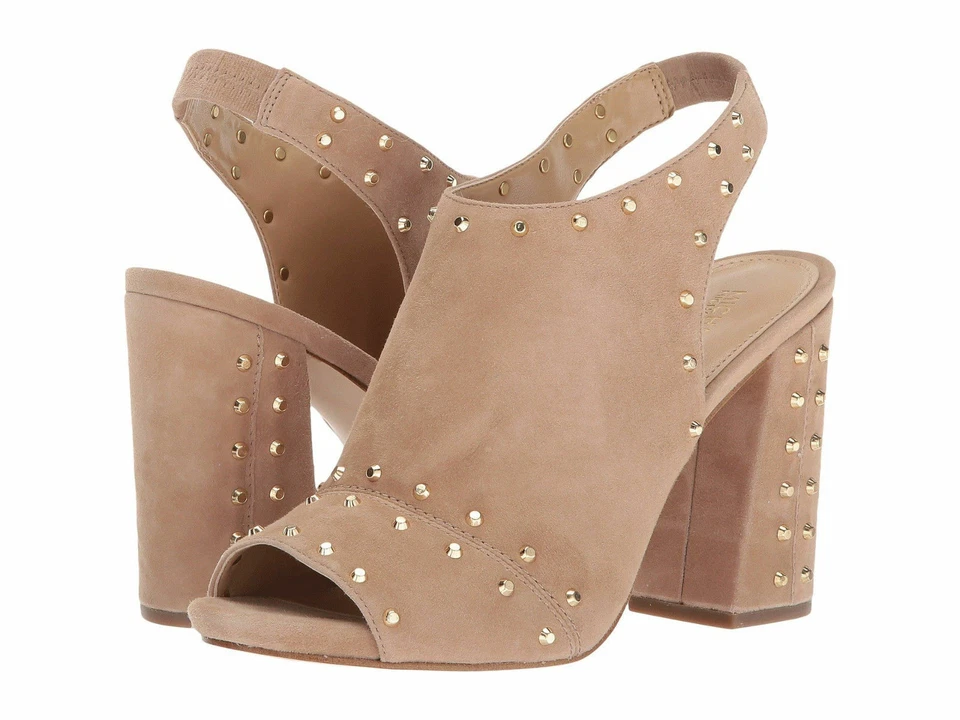 Michael Kors Astor DK Khaki Suede Beige Studded Open Toe Block HEELS BOOTIES 8 M