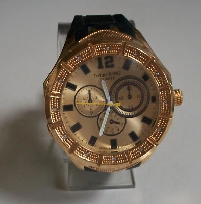 MEN'S GOLD FINISH BLACK SILICONE BAND DRESS UP OR CASUAL HIP HOP FASHION WATCH - Image 1 of 4