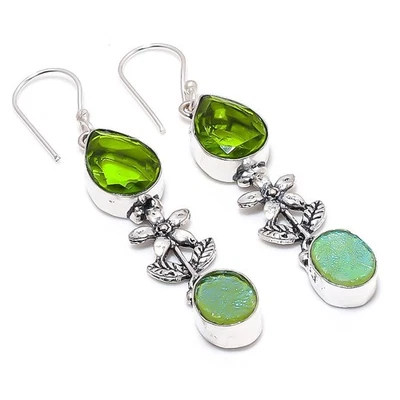 Ohrringe aus 925 Sterling Silber mit Edelsteinen Opal und Peridot 2,36" - Bild 1 von 4