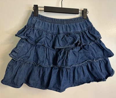 Hanna Andersson Size 150 / 12 Denim Tiered Ruffled Scooter Skort Skirt w/ Shorts - Image 1 of 4