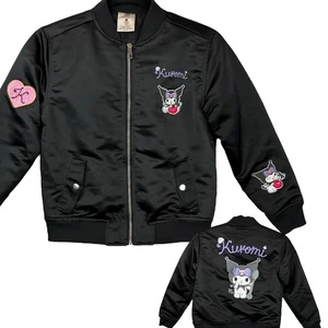 Hybrid Sanrio Kuromi Satin Bomber Jacket Embroidered Logo Girls S 7/8 Black Zip - Picture 1 of 10