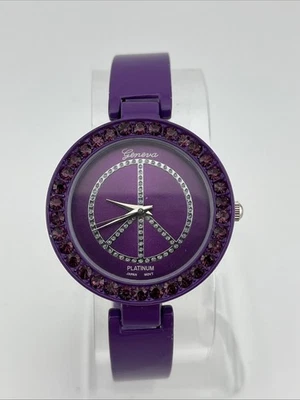 Geneva Platinum Peace Sign Watch Women 36mm Purple Bangle Band- New Battery - Image 1 of 4