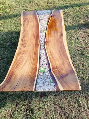 Crystal Epoxy Table Top With Clear Resin Acacai Wood Handmade Dining Furniture - Image 1 of 4