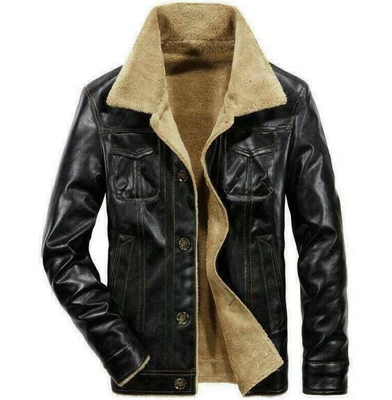 Para Hombres Invierno Exterior Imitación Cuero Chaquetas Motor Polar Informal Forrado Calce Ajustado Abrigo Foto 1 de 4