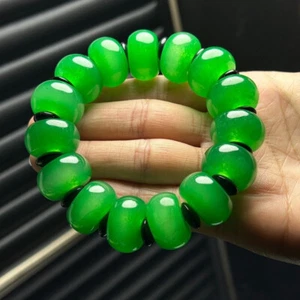 Certified Natural Ice Burmese Beads Green Jade jadeite Bracelets Bangle 19.4MM - Picture 1 of 6