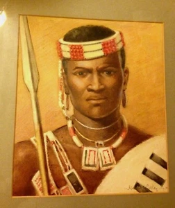 Watercolor by Hubert Whatley of African male in tribal dress, spear, and shield - Picture 1 of 6