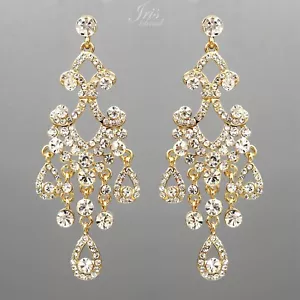 Women Chandelier Earrings Gold Plated GP Clear Crystal Wedding Drop Dangle 00165 - Picture 1 of 4