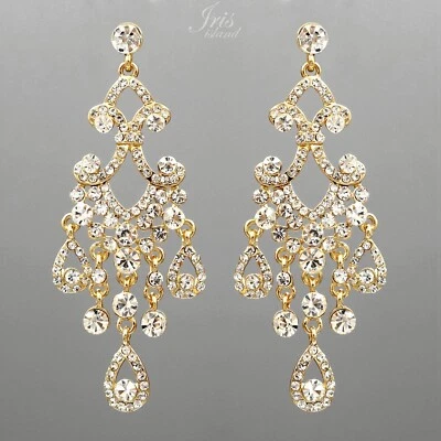Dangle Chandelier Earrings Wedding Gold Plated Clear Crystal Rhinestone Women 65 - Image 1 of 4