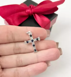 14K White Gold Round Diamond & Square Sapphire Religious Cross Pendant 0.25ctw - Picture 1 of 6