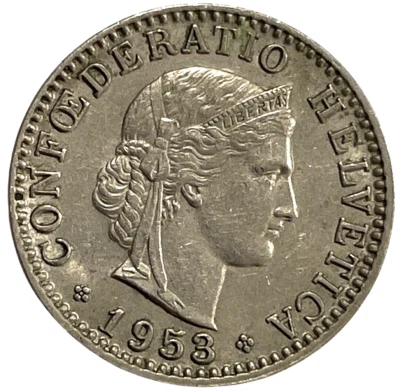 1953 B 20 Rappen Switzerland Swiss KM# 29a Helvetica World Coin Lot A11-193 NIce - Image 1 of 4