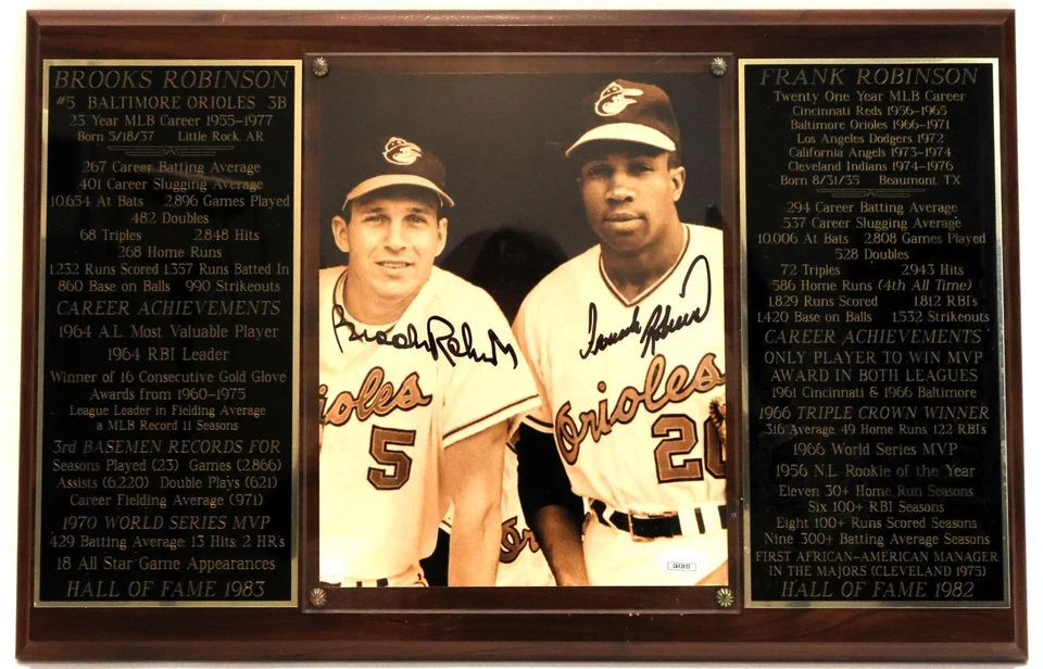 Brooks Robinson and Frank Robinson Signed HOF 8x10 Photo with Plaque JSA COA - Image 1 of 4