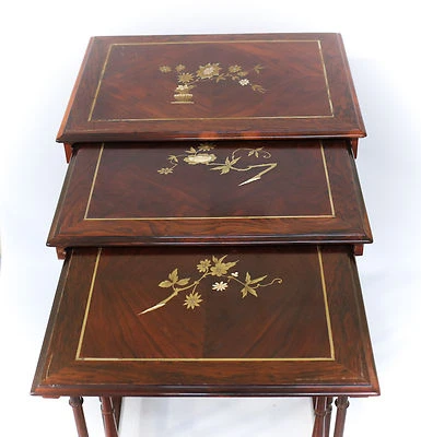 3pc Set French c1900 Mother of Pearl inlay hand painted Stacking Nesting Tables - Image 1 of 4