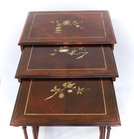 3pc Set French c1900 Mother of Pearl inlay hand painted Stacking Nesting Tables Cover