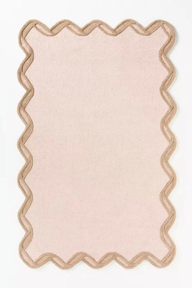 Alfombra de lana rosa con borde de vieira - Alfombra decorativa contemporánea acolchada hecha a mano Foto 1 de 1