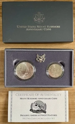 1991 United States Mount Rushmore Anniversary Coins Uncirculated Silver $1! 😎 - Image 1 of 3