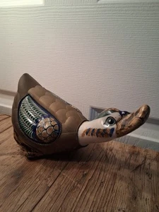 Einzigartige alte mexikanische Tonala Keramik Ente gepanzert Messing & handbemalt 8 Zoll - Bild 1 von 14