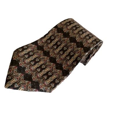 Corbata de cuello Milano para hombre con estampado geométrico de seda negra marrón dorada verde azulado hecha en EE. UU. Foto 1 de 4
