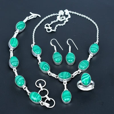 Juego de joyas decentes hechas a mano con piedras preciosas ovaladas de plata de ley 925 de malaquita AAB 1010 Foto 1 de 4
