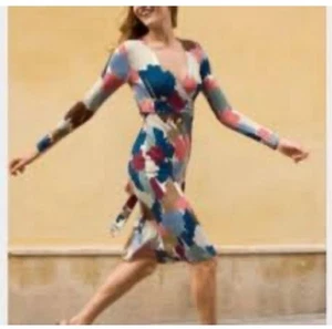 Boden Elodie Jersey Wrap Dress Womens 8 Navy Blue Floral Long Sleeve Colorblock - Picture 1 of 8