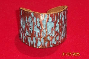 COPPER OVER LEATHER CUFF BRACELET- SIGNED - Picture 1 of 2