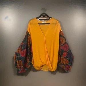Umgee USA Bluse Damen Größe L Leinen Baumwollmischung gelb mit Blumenmuster transparente Ärmel - Bild 1 von 18