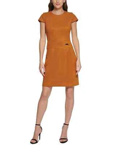 DKNY Women's Petite Brown Faux Suede Cap Sleeve Hardware Trimmed Dress - 4 - ... - Picture 1 of 4