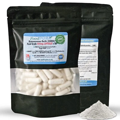 FOOD PURA 60 x 600mg CLEAN Food Grade Diatomaceous Earth Capsules Human DE Supplement