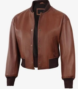 Women’s Brown Leather Bomber Jacket Vintage 80s 90s Cropped Ribbed Collar Cuffs - Picture 1 of 6