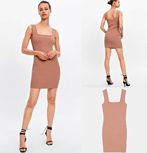 Zara camel nude mini pencil dress nude camel bodycon midi size M UK 8 10 12 new - Picture 1 of 8