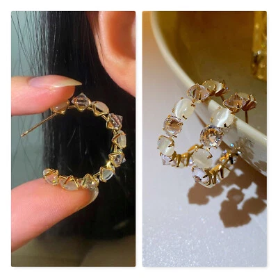 Kristall Creolen Huggie Hoops Gold neu 925 Sterlingsilber Pin Geschenk für Sie - Bild 1 von 4