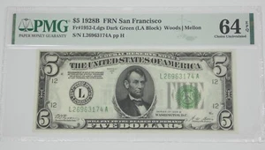 Series 1928-B Green Seal $5 FRN L-SF District PMG 64 Choice Unc EPQ Fr#1952-L - Picture 1 of 4