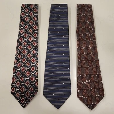 Lot of (3) Louis Feraud 100% Silk Luxury Geometric Ties -  Blue Brown - Vintage — 第 1/4 张图片