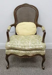 RARE VINTAGE FRENCH DARK STAIN ARM CHAIR WITH UPHOLSTERED SEAT & CANE BACK - Picture 1 of 6