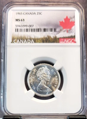 1965 CANADA SILVER 25 CENTS ELIZABETH II MOOSE NGC MS 63 GREAT LUSTER - Image 1 of 3