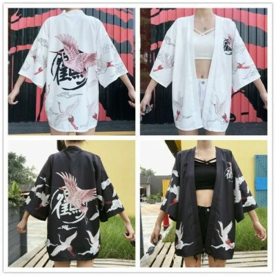 Women Japanese Kimono Coat Loose Yukata Outwear Tops Vintage Crane Fashion - Image 1 of 4